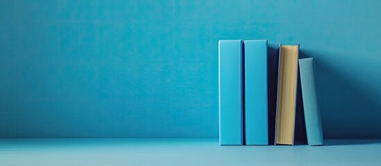 Poster - books on a blue surface. with copy space image. Place for adding text or design