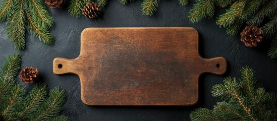 Poster - Cutting board surrounded by spruce branches Kitchen Christmas decor Dark backdrop. with copy space image. Place for adding text or design