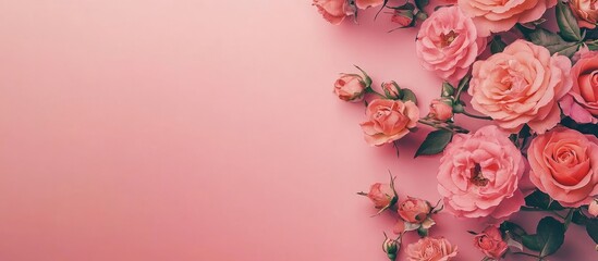 Leinwandbilder - Flower arrangement Edge of rose flowers on a pink background Flat lay top view copy space