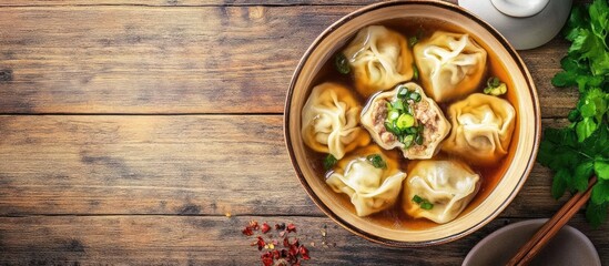 Leinwandbilder - Delicious meat filled dumplings in broth. with copy space image. Place for adding text or design