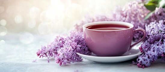 Aufkleber - Spring arrangement featuring a cup of purple tea and lilac flowers against a light background Spring tea gathering enjoying tea Menu recipe for lilac tea Copyspace for text