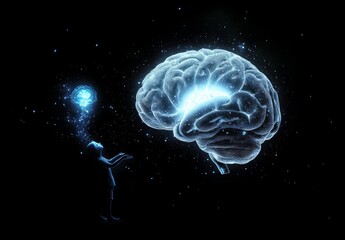 Leinwandbilder - Artificial intelligence and human brain merge. Close-up AI robot holds AI brain with open hand. Artificial intelligence or AI analysis information. AI produces a superior brain from itself. Human brai