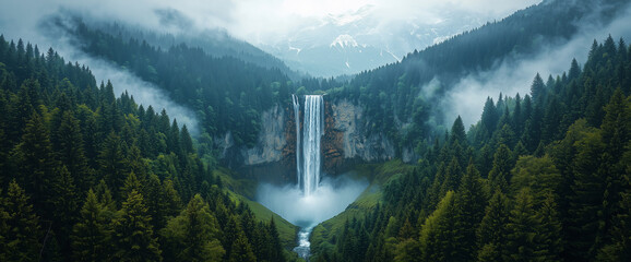 Wall Mural - Waterfall in the mountains, with dense forest on both sides. Aerial view, professional photography, high definition, high resolution.