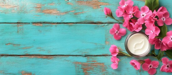 Aufkleber - hand and face cream with pink flowers on vibrant weathered wood. with copy space image. Place for adding text or design