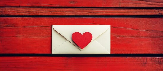 Poster - White paper love letter envelope featuring a red heart on a red background atop a red wood table with copyspace for your text here enhanced with retro style filters