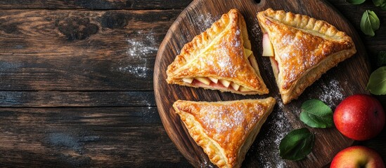 Aufkleber - Triangle shaped puff pastries filled with apples known as Dutch appelflappen placed on an old cutting board Homemade food concept featuring copy space
