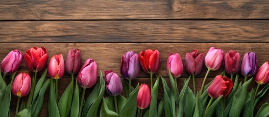 Poster - Border of fresh red pink and purple tulips on a wooden background. with copy space image. Place for adding text or design