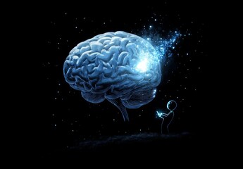 Leinwandbilder - Artificial intelligence and human brain merge. Close-up AI robot holds AI brain with open hand. Artificial intelligence or AI analysis information. AI produces a superior brain from itself. Human brai