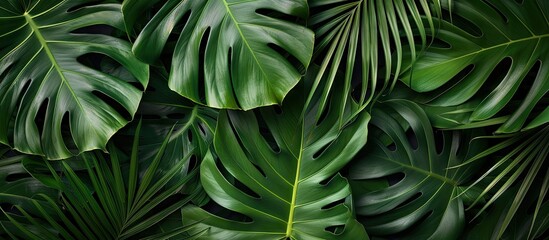 Fototapete - tropical leaf pattern large palm leaves natural green backdrop. with copy space image. Place for adding text or design