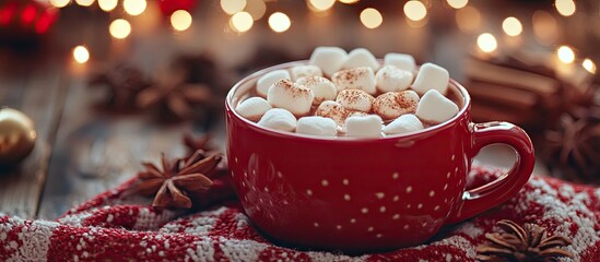 Fototapete - Winter hot beverage cacao with marshmallows and cinnamon or spicy hot chocolate in a red cup Merry Christmas Festive vintage backdrop Happy holidays message. with copy space image
