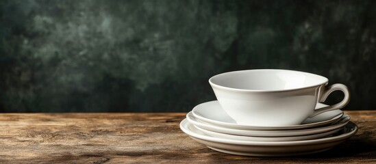 Poster - Empty tableware a white plate a bowl and a cup on a wooden table serving as a background for food photography in a vertical format. with copy space image. Place for adding text or design