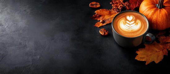 Aufkleber - Autumn pumpkin latte coffee on a dark background. with copy space image. Place for adding text or design
