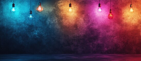 Leinwandbilder - textured dark backdrop featuring colorful lights and bulbs. with copy space image. Place for adding text or design