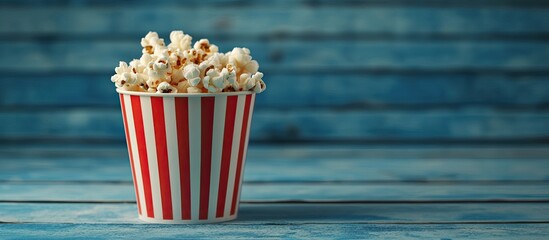 Aufkleber - Red striped popcorn bucket on a blue textured wooden background with copy space