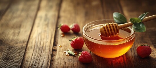 Fototapete - Bowl of honey dipper and fruits on a wooden surface with space for text. with copy space image. Place for adding text or design