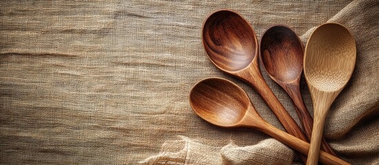 Poster - Background wooden spoons placed on the tablecloth Copy space top view