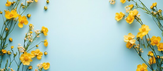 Leinwandbilder - A frame of yellow flowers set against a blue background Copy space