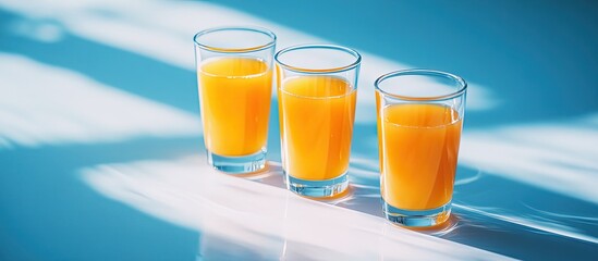 Poster - A group of glasses filled with orange juice and three empty glasses for water on a clean bright background This concept promotes a healthy lifestyle or caters to a service. with copy space image