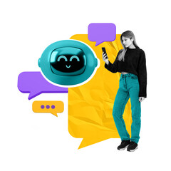 Poster - Woman chatting with happy robot assistant on mobile app, speech