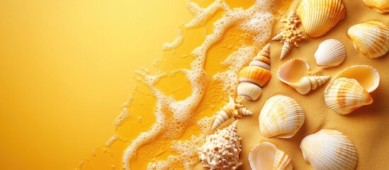 Poster - Summer at the beach design for a blog featuring shells on sand with a yellow background top view copy space