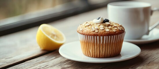 Poster - Breakfast includes an oat muffin and tea with lemon. with copy space image. Place for adding text or design