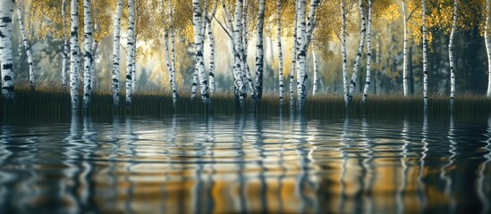 Leinwandbilder - Reflection of a birch grove on the lake with ripples. with copy space image. Place for adding text or design
