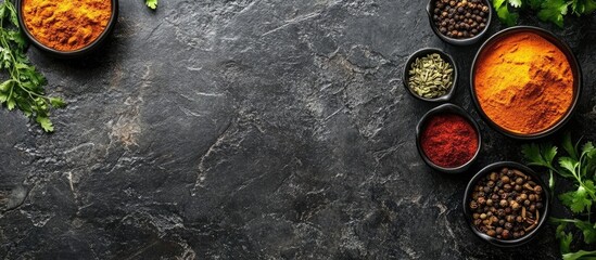 Fototapete - A collection of spices and herbs on a stone surface Traditional Indian spices Top view Free copy space