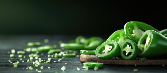 Fototapete - A number of jalapeno peppers have been sliced but there are still several others that need to be cut. with copy space image. Place for adding text or design