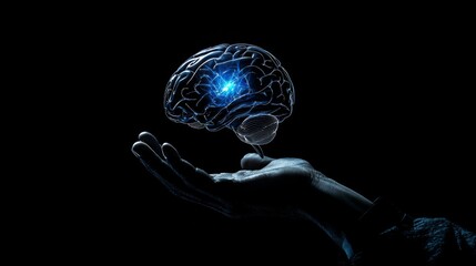 Leinwandbilder - Artificial intelligence and human brain merge. Close-up AI robot holds AI brain with open hand. Artificial intelligence or AI analysis information. AI produces a superior brain from itself. Human brai