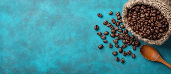 Fototapete - Fried coffee beans in a sack and a wooden spoon on a blue textured background with copy space Minimalist design for cafe advertising top view