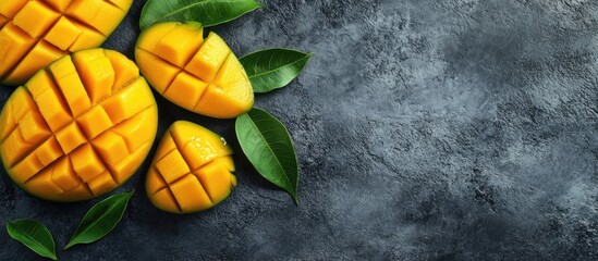 Leinwandbilder - Freshly sliced chopped and diced ripe mango on a gray table background with a leaf for consumption. with copy space image. Place for adding text or design