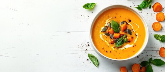 Leinwandbilder - Roasted pumpkin and carrot soup on a white wooden surface Copyspace