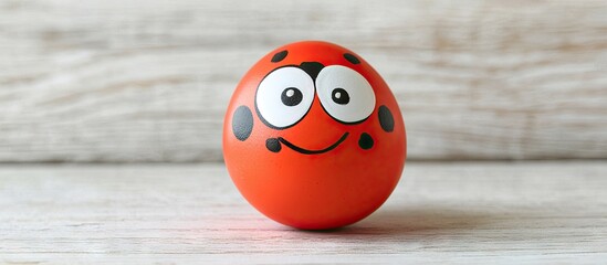 Fototapete - Easter egg colored in red white and black featuring a cheerful ladybug face A boiled chicken egg with a red shell Set against a white wooden table background Large eyes on a playful face