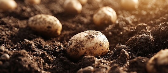 Aufkleber - Harvest potatoes from the ground in close up. with copy space image. Place for adding text or design