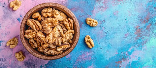 Poster - Walnut kernel halves in a wooden bowl viewed from above on a colorful background Emphasizing healthy eating with walnuts Superfoods with copyspace