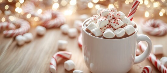 Fototapete - Delicious hot chocolate topped with marshmallows and a candy cane on a light wooden table close up Room for text. with copy space image. Place for adding text or design