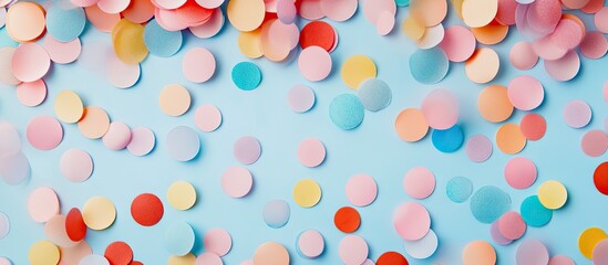 Poster - Pastel festive background featuring multicolored confetti Copyspace for your text Flat lay style Top view