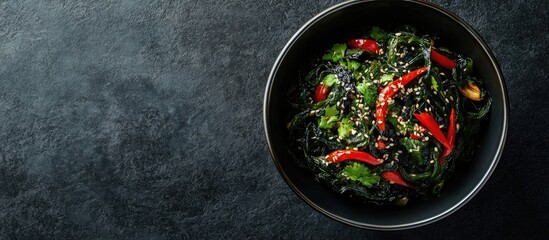 Poster - Japanese seaweed konjac stir fried with garlic and chili pepper. with copy space image. Place for adding text or design