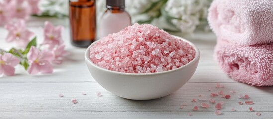 Poster - Spa or wellness Pink sea salt in a bowl bottles of essential oil towels and flowers on a white wooden surface Selective focus. with copy space image. Place for adding text or design
