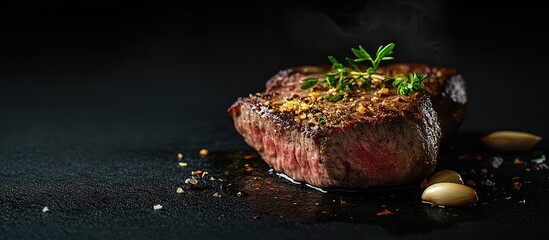 Fototapete - Beef steak topped with garlic and spices accompanied by black copy space