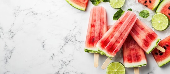 Aufkleber - Sweet summer watermelon and lime popsicles topped with sliced watermelon and mint set against a white marble background copy space