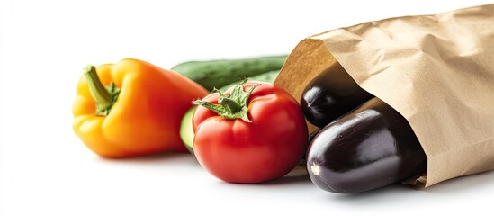 Fototapete - Healthy vegetables including eggplant tomato pepper and cucumber in a paper bag against a white background. with copy space image. Place for adding text or design