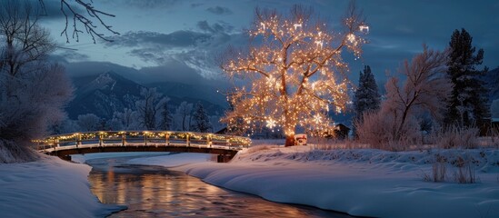 Aufkleber - The Christmas season is celebrated across vast areas Here a cottonwood tree is fully adorned with Christmas lights as is the bridge over the frozen creek in the foreground. with copy space image