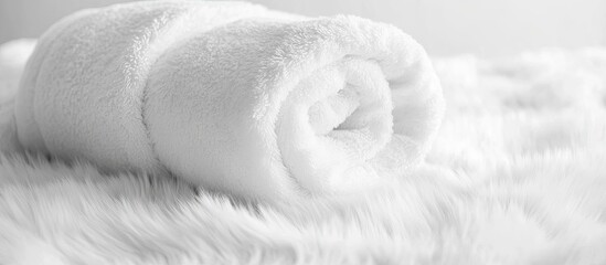 Poster - Clean white towel rolled into a blanket showcasing a textured textile A delicate white background composed of smooth plush fur fabric Soft focus image with copy space