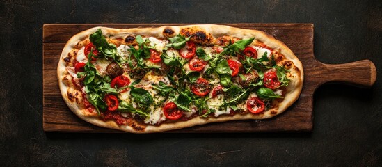 Fototapete - Flatbread pizza topped with fresh ingredients on a wooden pizza board viewed from above against a dark stone backdrop. with copy space image. Place for adding text or design