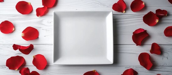 Fototapete - Background for the menu or postcard A square plate on a white wooden surface encircled by red petals. with copy space image. Place for adding text or design