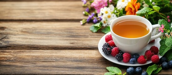 Aufkleber - A cup of tea with berries and mint placed behind flowers on a wooden table Creative drinks copyspace concept