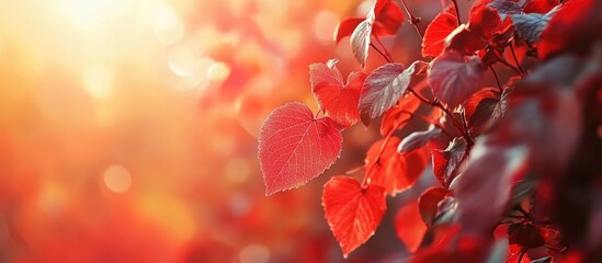 Poster - Close up of red leaves of wild grapes on trees in the park during autumn. with copy space image. Place for adding text or design