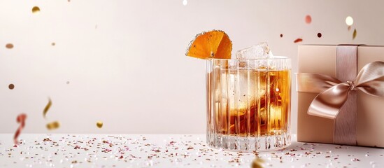 Banner featuring a decorative arrangement of a festive exotic cocktail on a white background alongside a box with confetti and a satin ribbon A natural drink is displayed in a glass mug