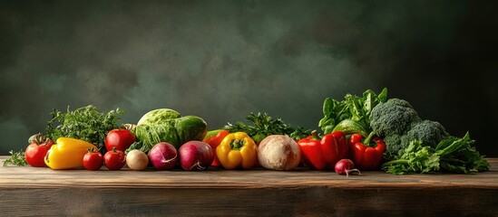 Poster - Assortment of various vegetables with copy space on a wooden table Healthy eating focused on vegetarian concepts For product showcasing
